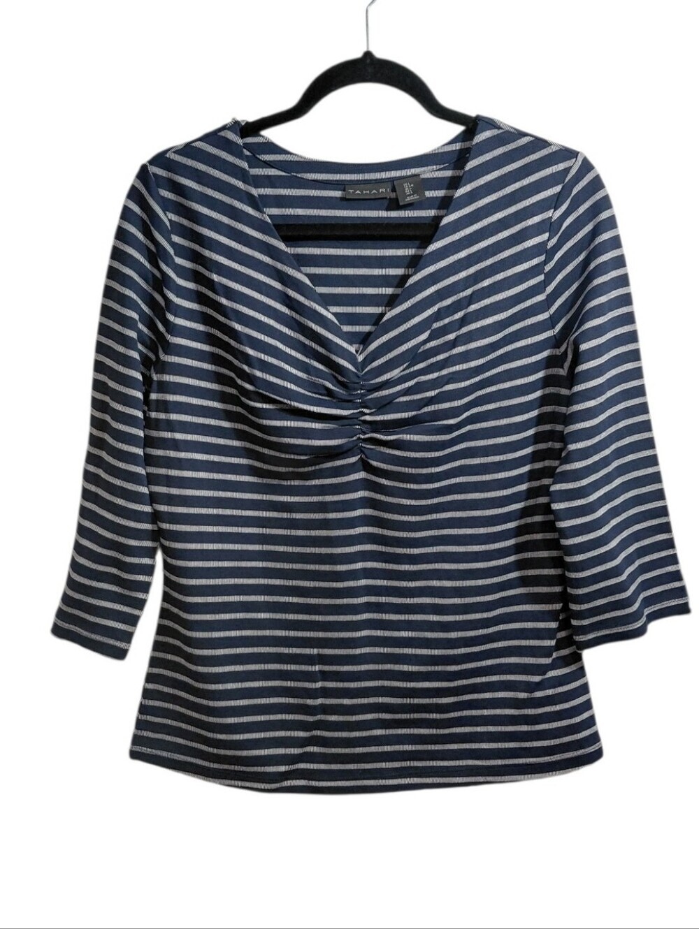 Tahari Navy & White Striped Twist-Front Top